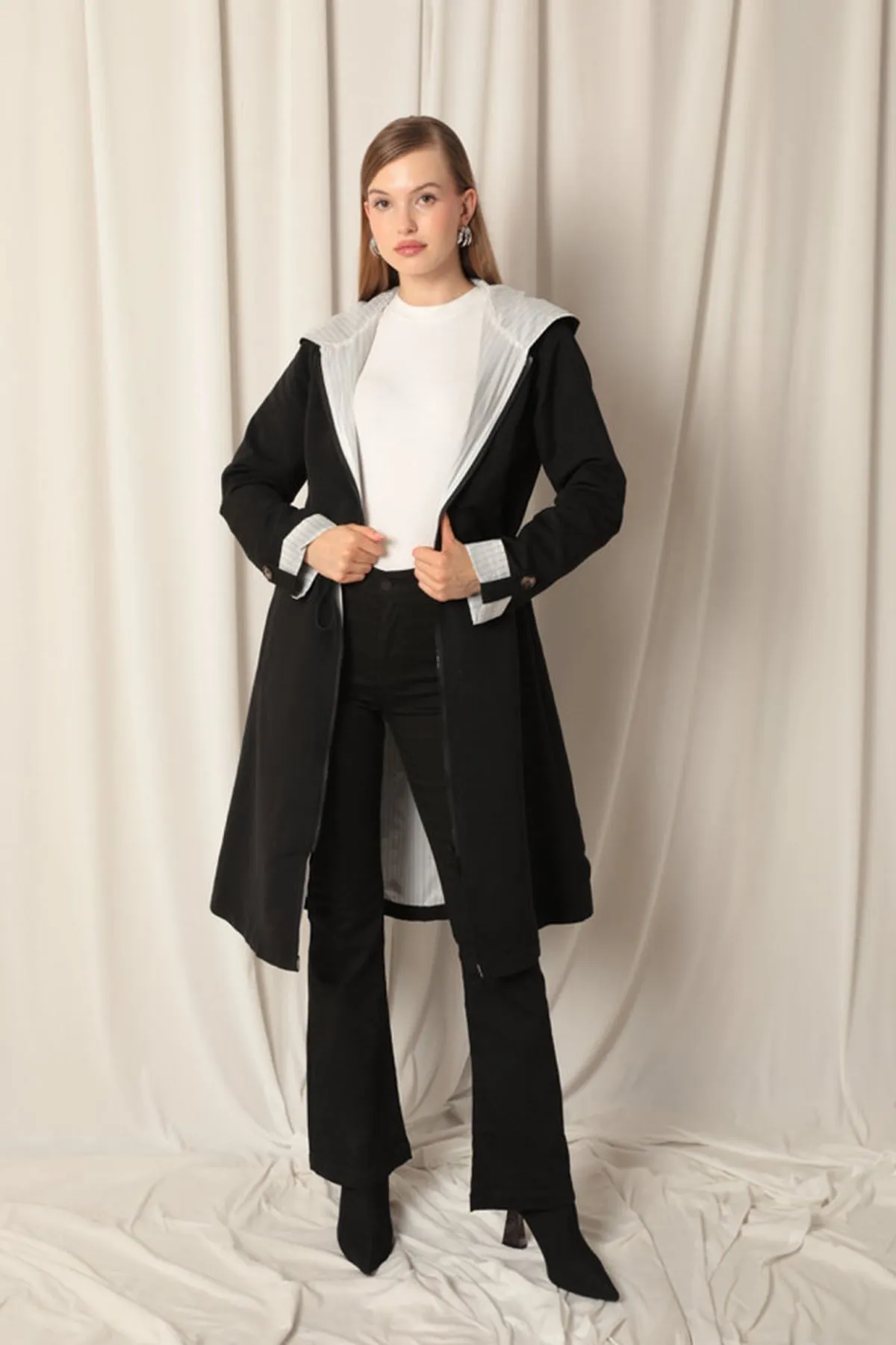 KKT Torino Fabric Striped Hooded Women's Black Raincoat - Piraeus