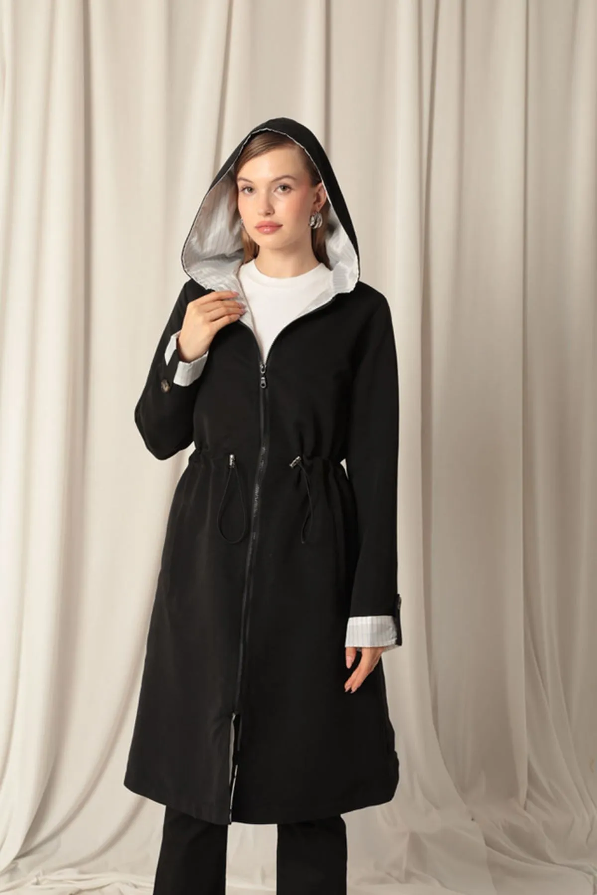 KKT Torino Fabric Striped Hooded Women's Black Raincoat - Piraeus