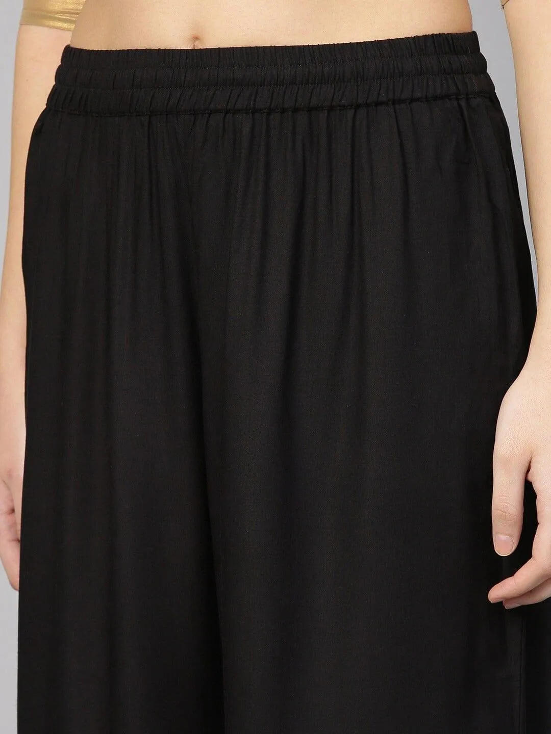 KSUT Black Solid Wide Leg Palazzos