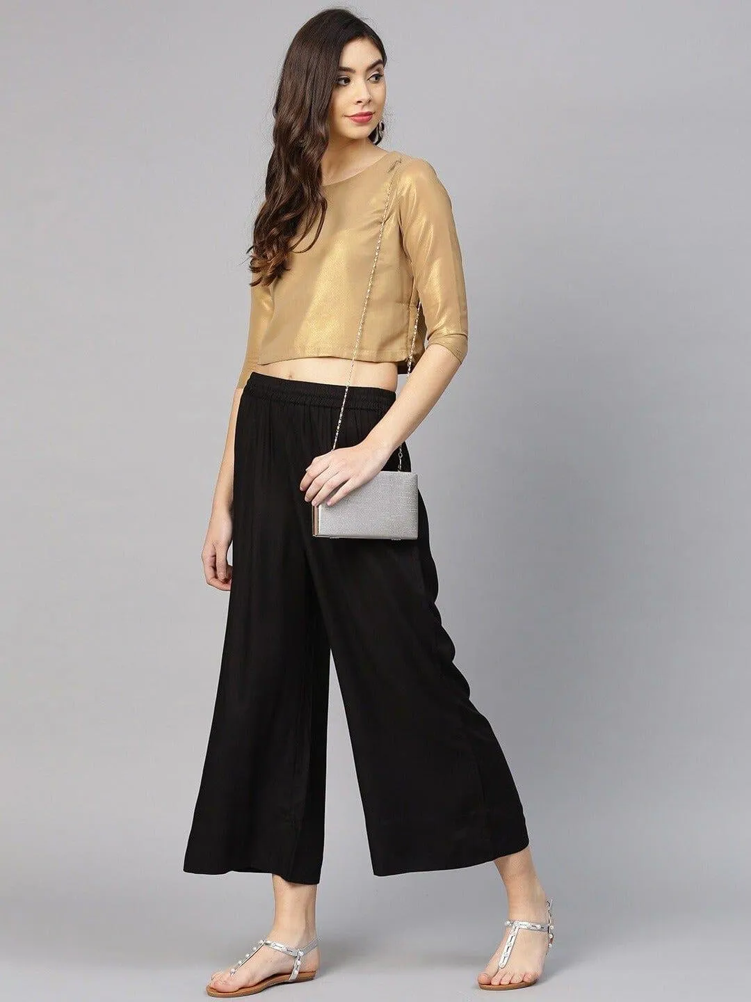 KSUT Black Solid Wide Leg Palazzos