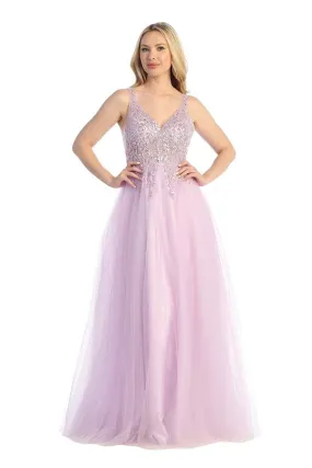 LF 7638L - A-line Prom Gown with Sheer Beaded Applique Bodice & Layered Tulle Skirt