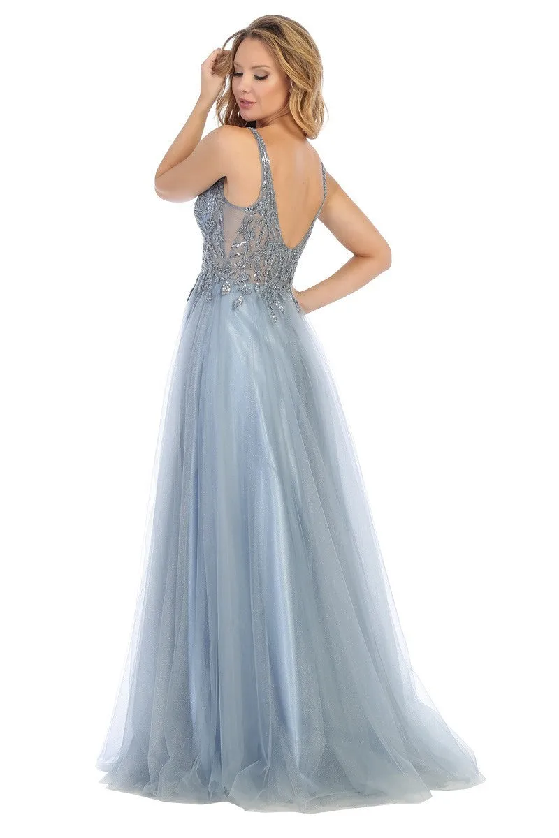LF 7638L - A-line Prom Gown with Sheer Beaded Applique Bodice & Layered Tulle Skirt