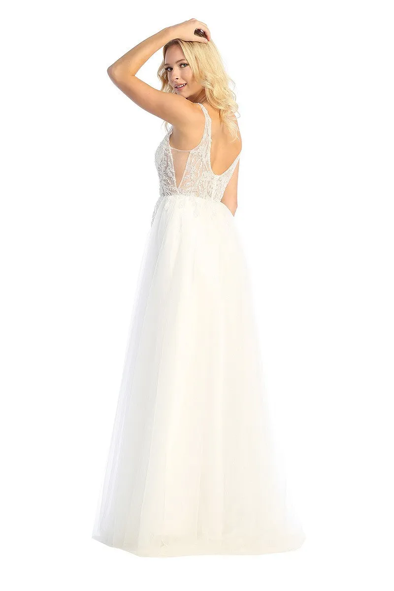 LF 7638L - A-line Prom Gown with Sheer Beaded Applique Bodice & Layered Tulle Skirt