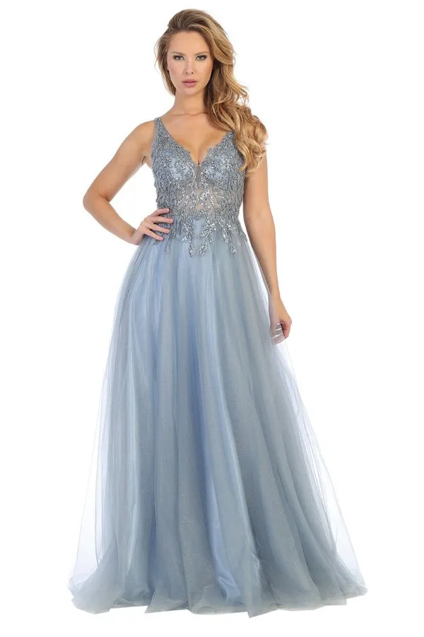 LF 7638L - A-line Prom Gown with Sheer Beaded Applique Bodice & Layered Tulle Skirt