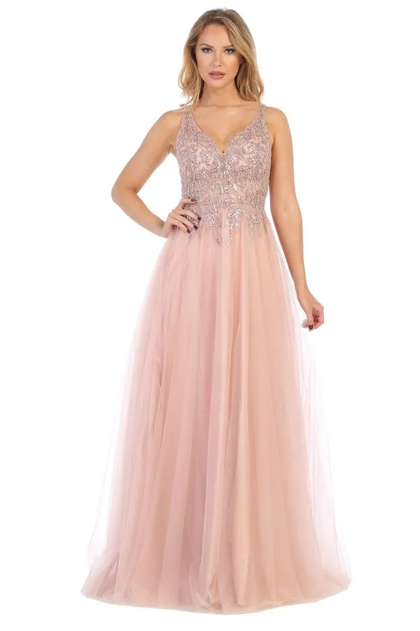 LF 7638L - A-line Prom Gown with Sheer Beaded Applique Bodice & Layered Tulle Skirt