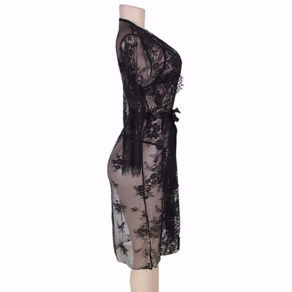 LILY Black Lace Kimono Robe