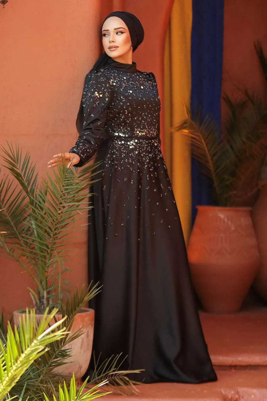 Long Maxi Dress gracefully accommodates Hijab while maintaining a chic and sophisticated look- Black