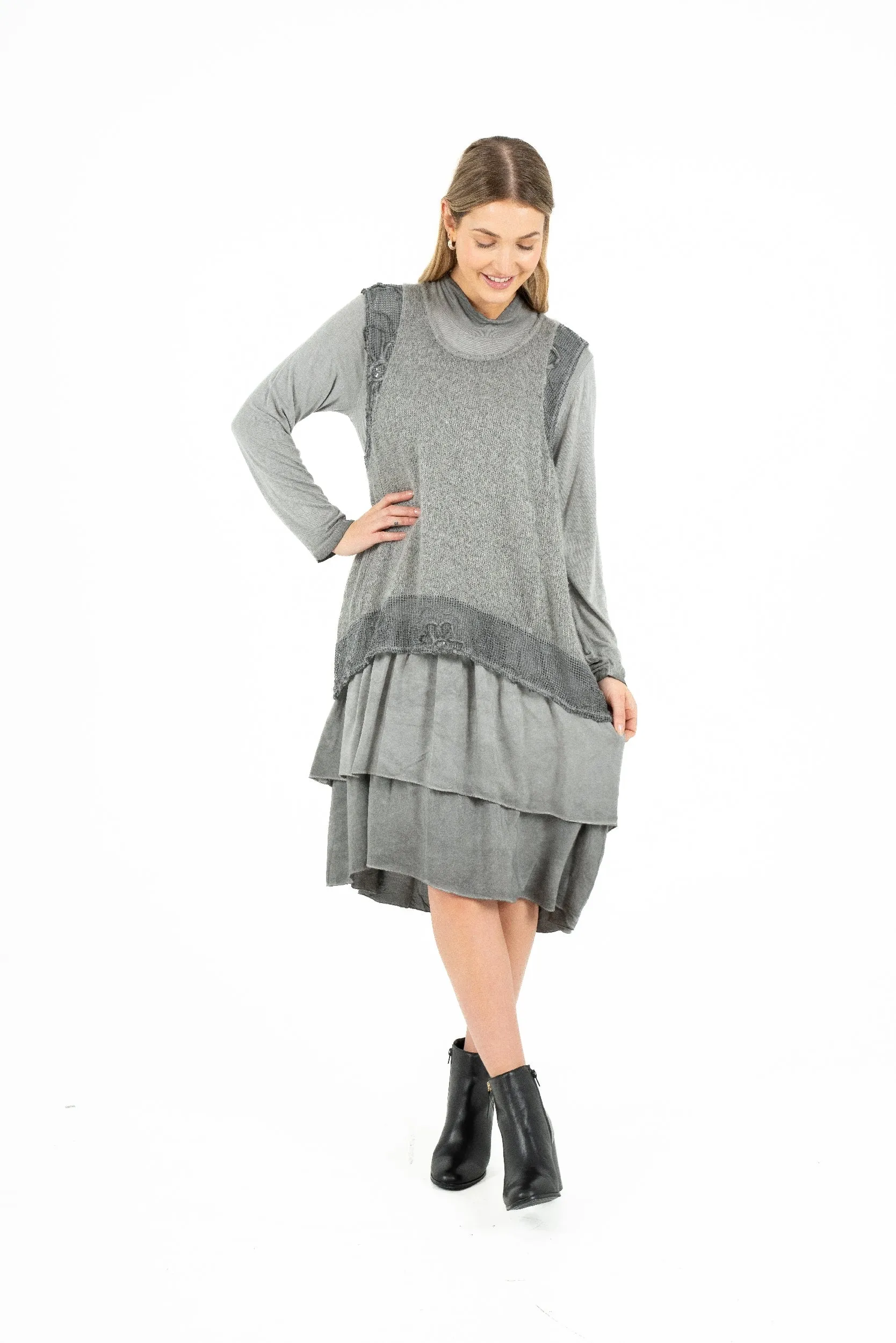 M Made in Italy – Two-Piece Knit Dress With Jersey Cowl-Neck Under-Dress