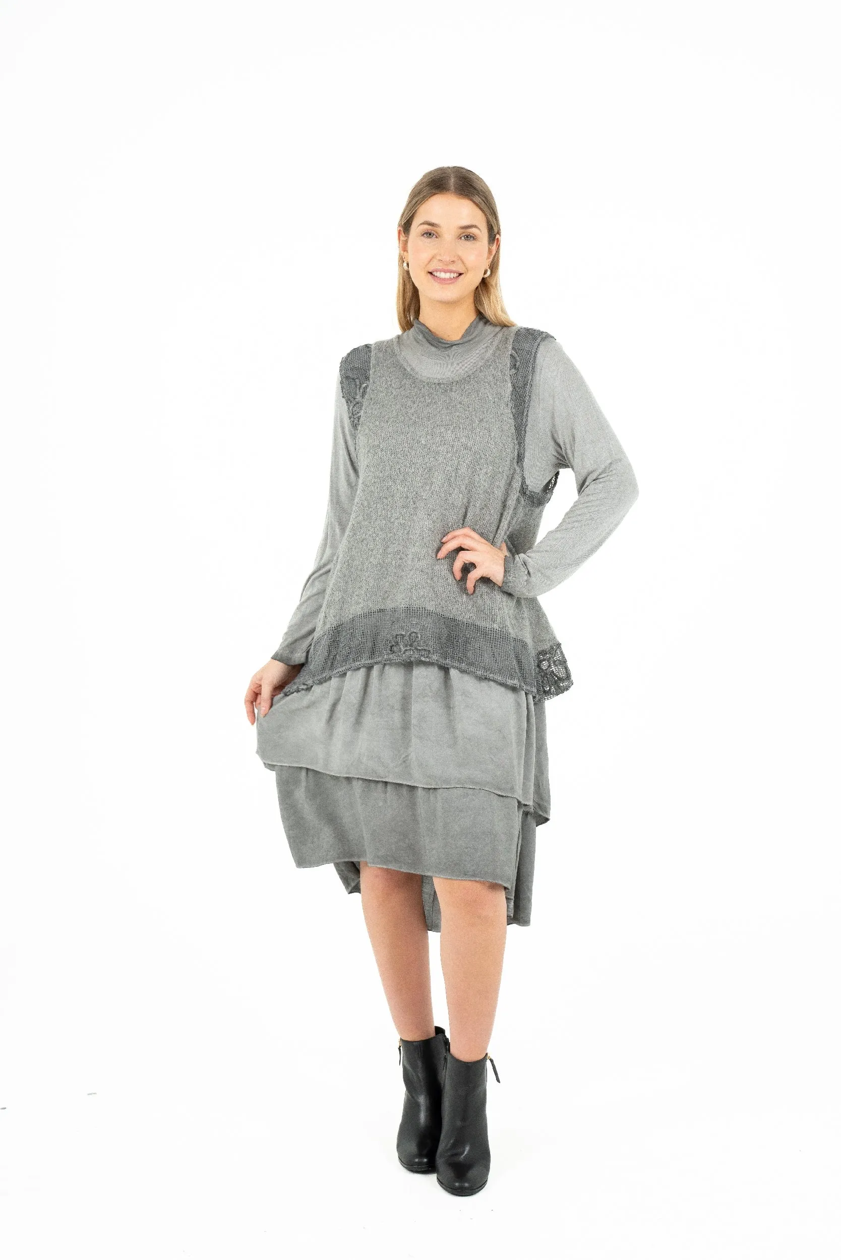 M Made in Italy – Two-Piece Knit Dress With Jersey Cowl-Neck Under-Dress