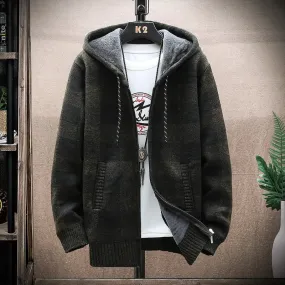 Men's New Winter Plaid Sweater Hooded Cardigan Cold Coat Wool Zipper Jacket Autumn Fleece Warm Clothes Checkered Knit Jumper