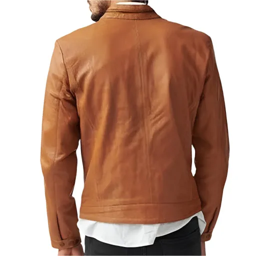 Men's Tan Genuine Leather Slim Fit Biker Jacket