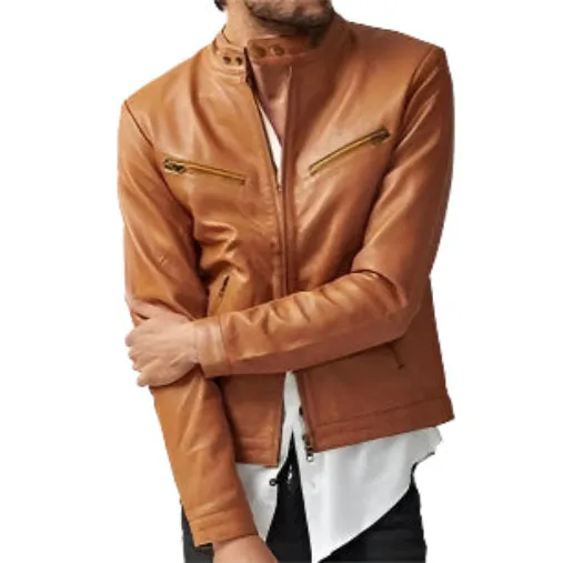 Men's Tan Genuine Leather Slim Fit Biker Jacket