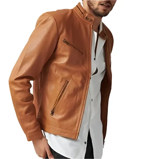 Men's Tan Genuine Leather Slim Fit Biker Jacket