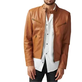 Men's Tan Genuine Leather Slim Fit Biker Jacket