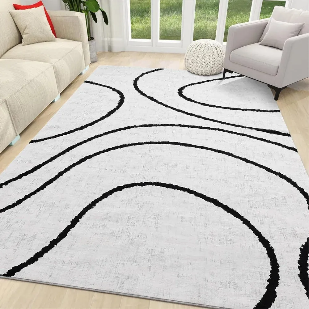 Modern Abstract Washable Rugs Non Slip Black and White Wave Carpet Geometric Striped  Area Rug for Living Room Office Floor Mat