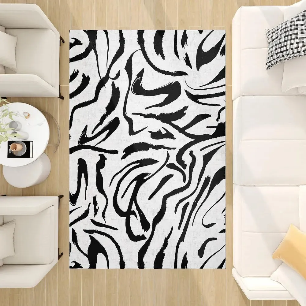 Modern Abstract Washable Rugs Non Slip Black and White Wave Carpet Geometric Striped  Area Rug for Living Room Office Floor Mat