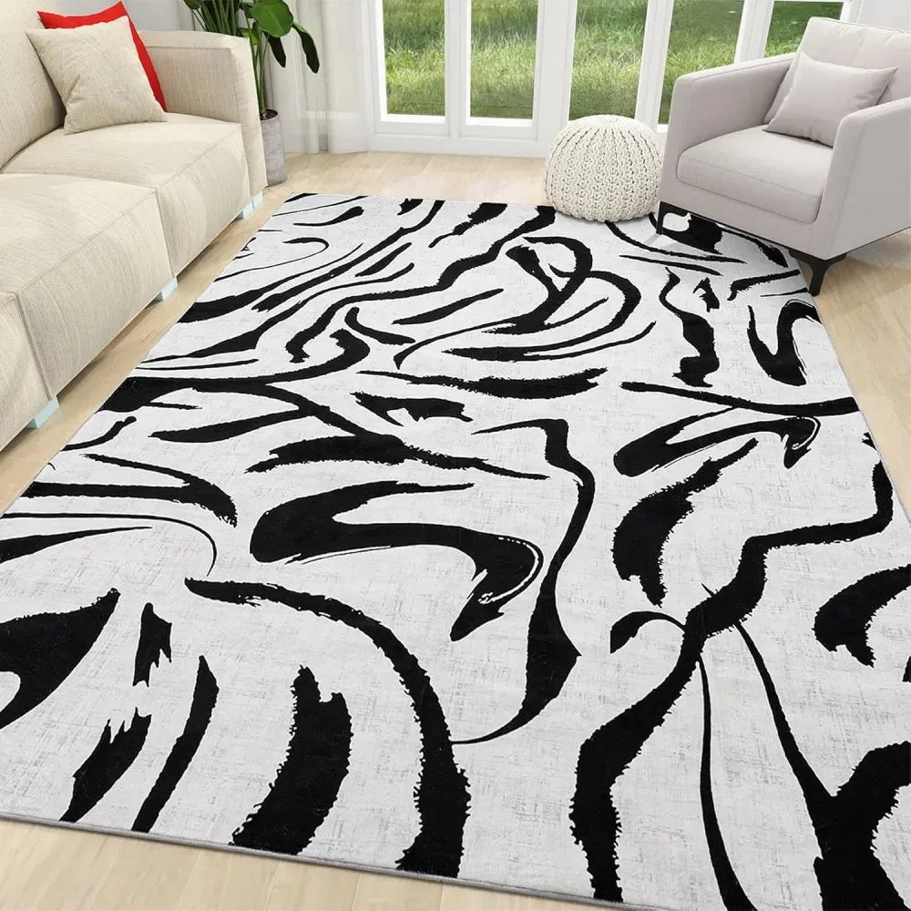 Modern Abstract Washable Rugs Non Slip Black and White Wave Carpet Geometric Striped  Area Rug for Living Room Office Floor Mat