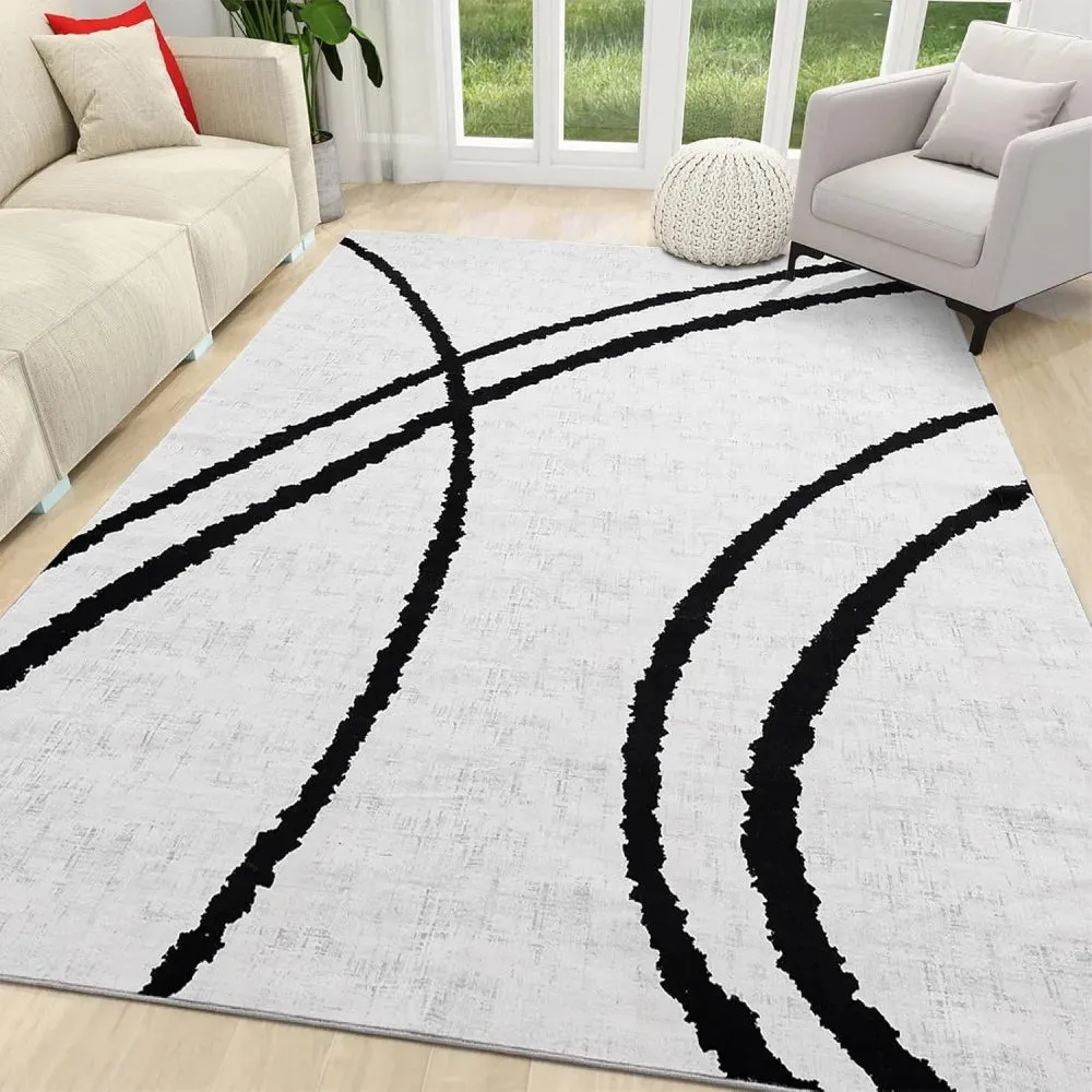 Modern Abstract Washable Rugs Non Slip Black and White Wave Carpet Geometric Striped  Area Rug for Living Room Office Floor Mat