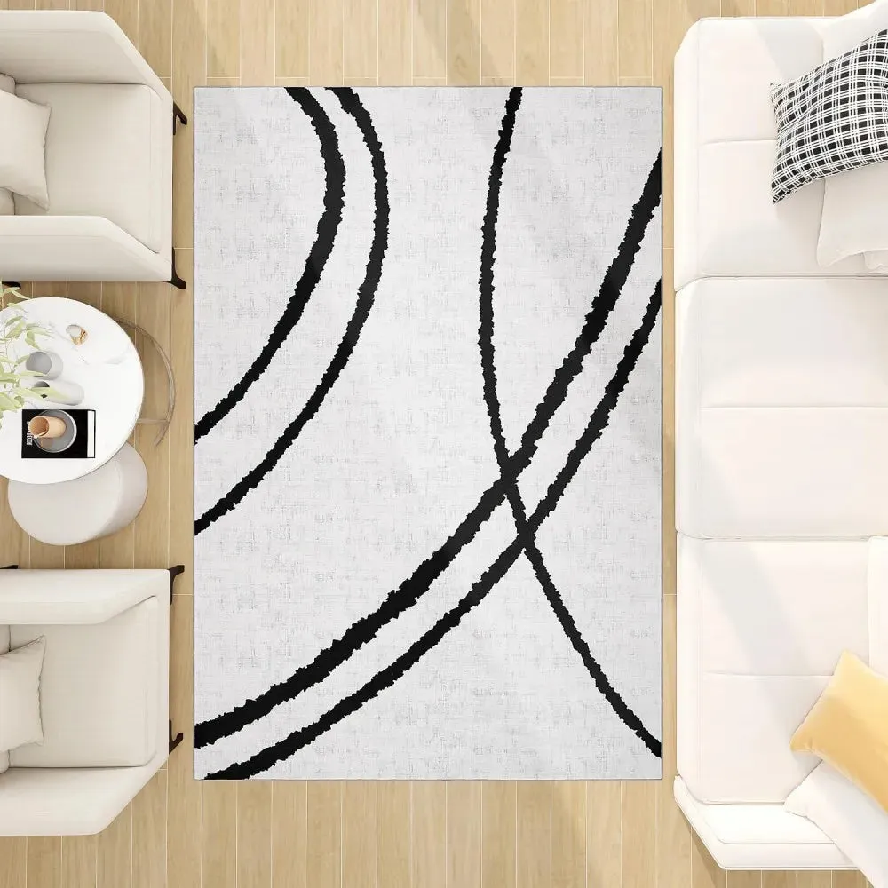 Modern Abstract Washable Rugs Non Slip Black and White Wave Carpet Geometric Striped  Area Rug for Living Room Office Floor Mat