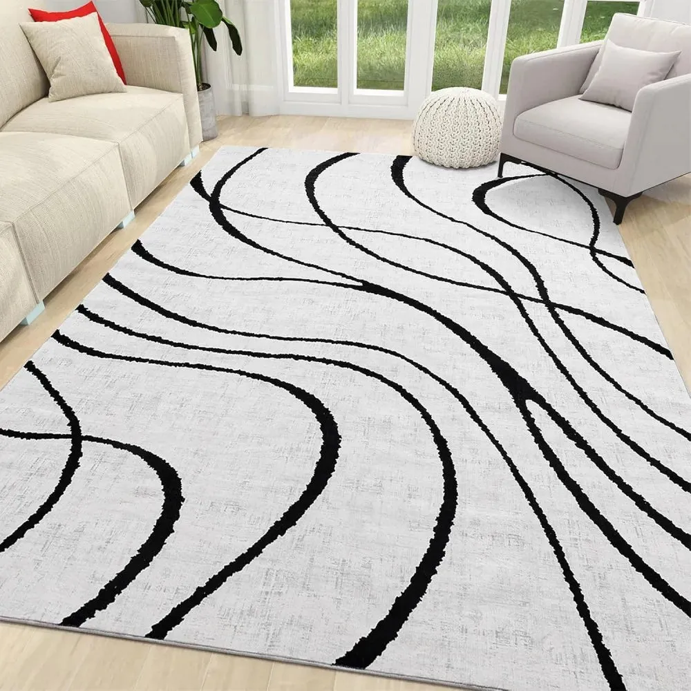 Modern Abstract Washable Rugs Non Slip Black and White Wave Carpet Geometric Striped  Area Rug for Living Room Office Floor Mat