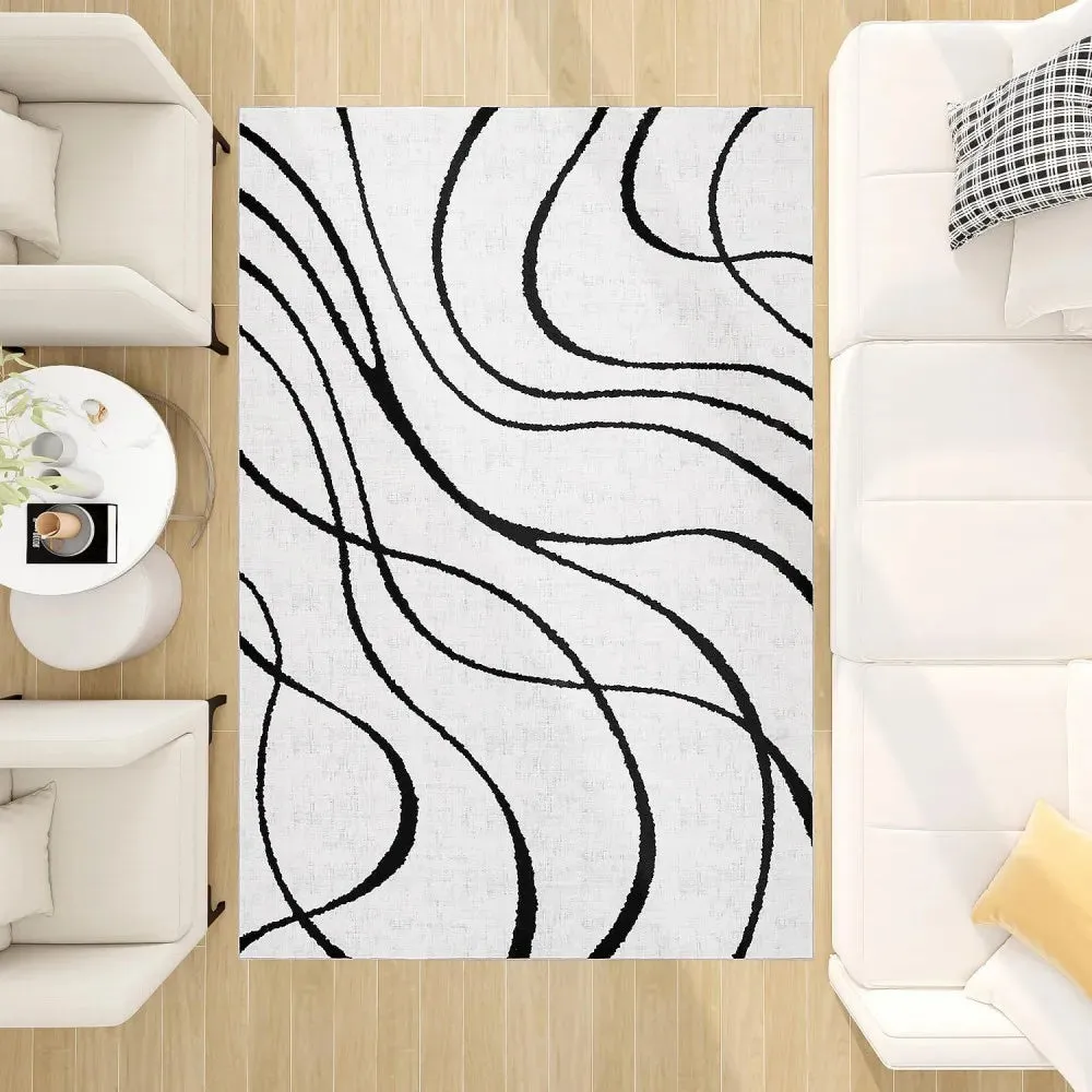 Modern Abstract Washable Rugs Non Slip Black and White Wave Carpet Geometric Striped  Area Rug for Living Room Office Floor Mat