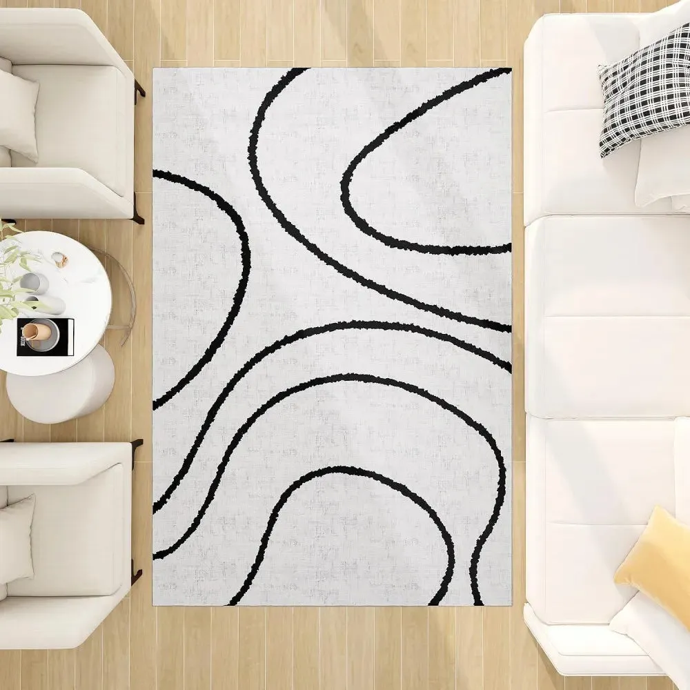 Modern Abstract Washable Rugs Non Slip Black and White Wave Carpet Geometric Striped  Area Rug for Living Room Office Floor Mat