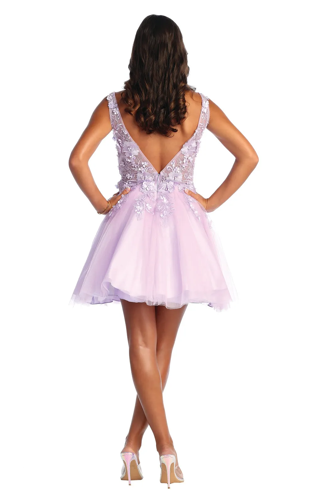 MQ 1863 - Short A-Line Homecoming Dress with 3D Applique Sheer Bodice V-Neck & Layered Tulle Skirt