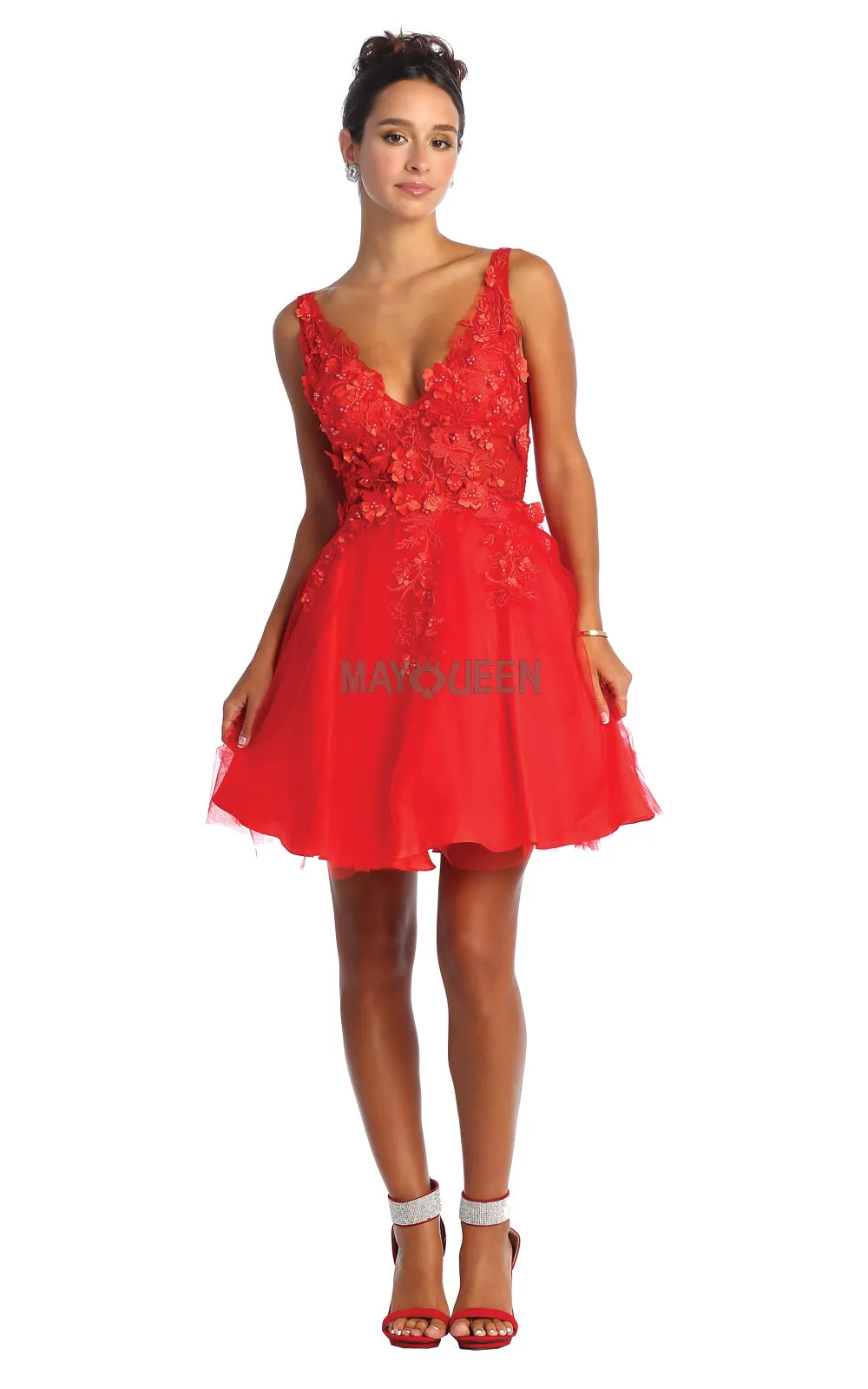 MQ 1863 - Short A-Line Homecoming Dress with 3D Applique Sheer Bodice V-Neck & Layered Tulle Skirt