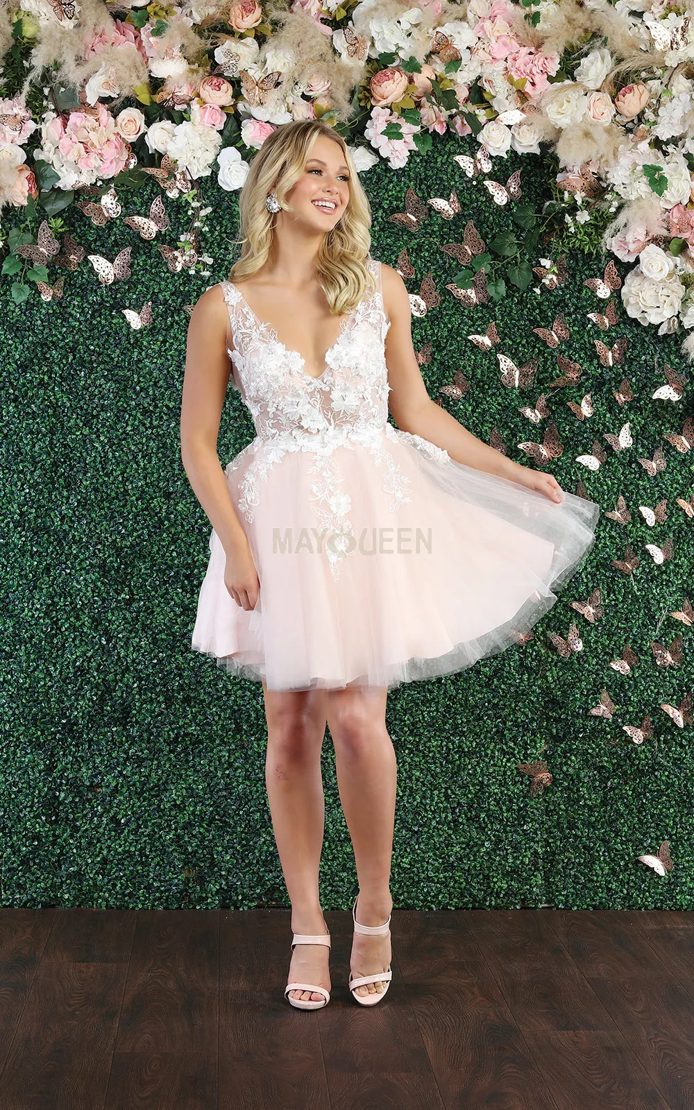 MQ 1863 - Short A-Line Homecoming Dress with 3D Applique Sheer Bodice V-Neck & Layered Tulle Skirt