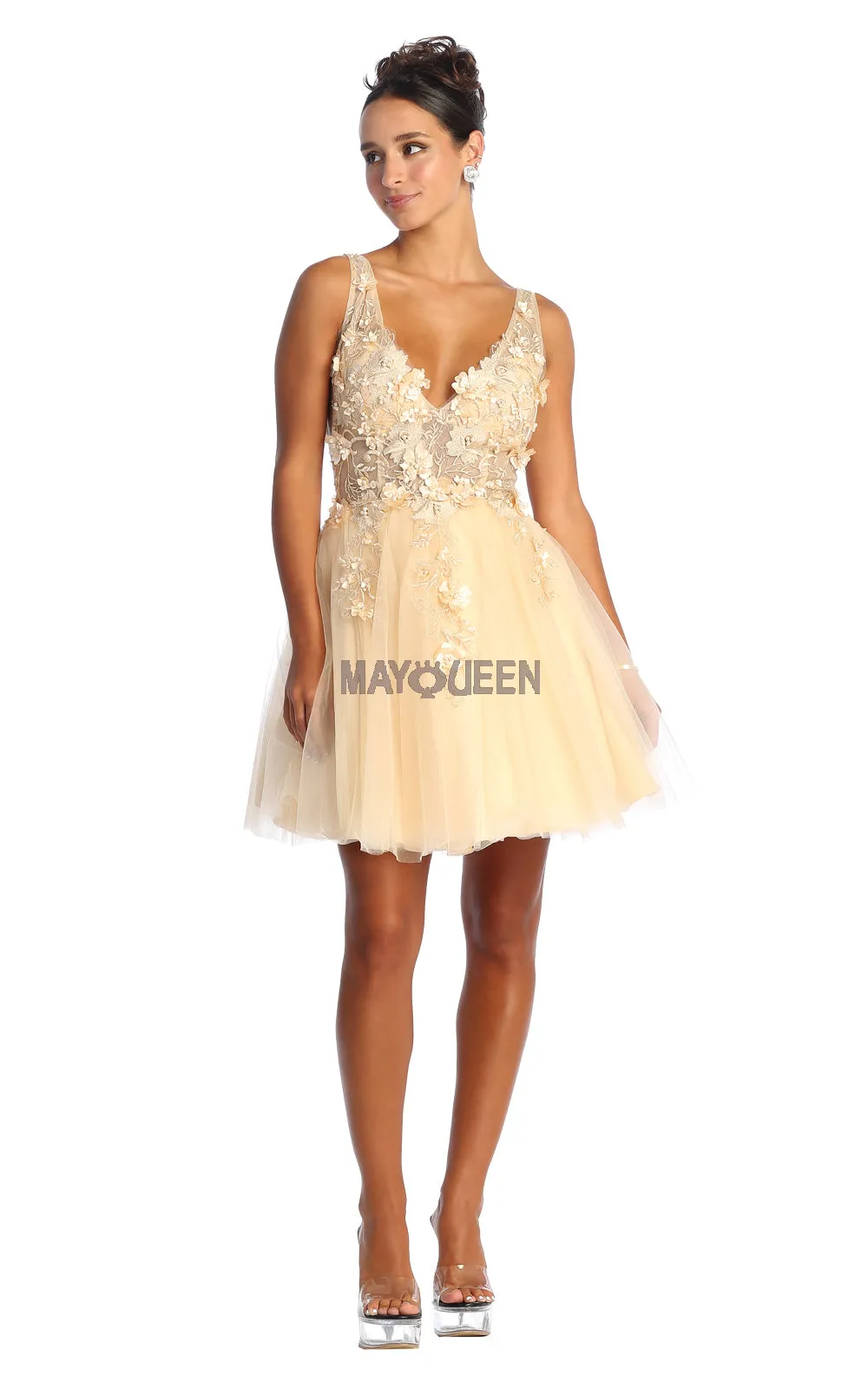 MQ 1863 - Short A-Line Homecoming Dress with 3D Applique Sheer Bodice V-Neck & Layered Tulle Skirt