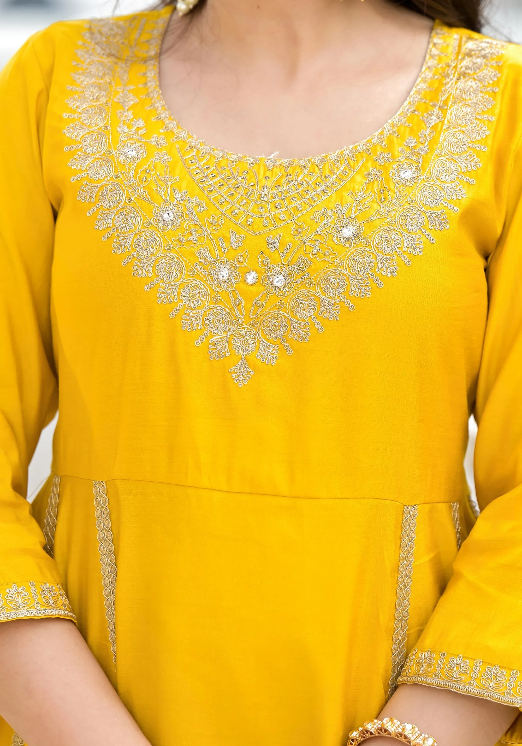 Mustard Solid Viscose Kurta & Pant Set With Zari & Mirror Work