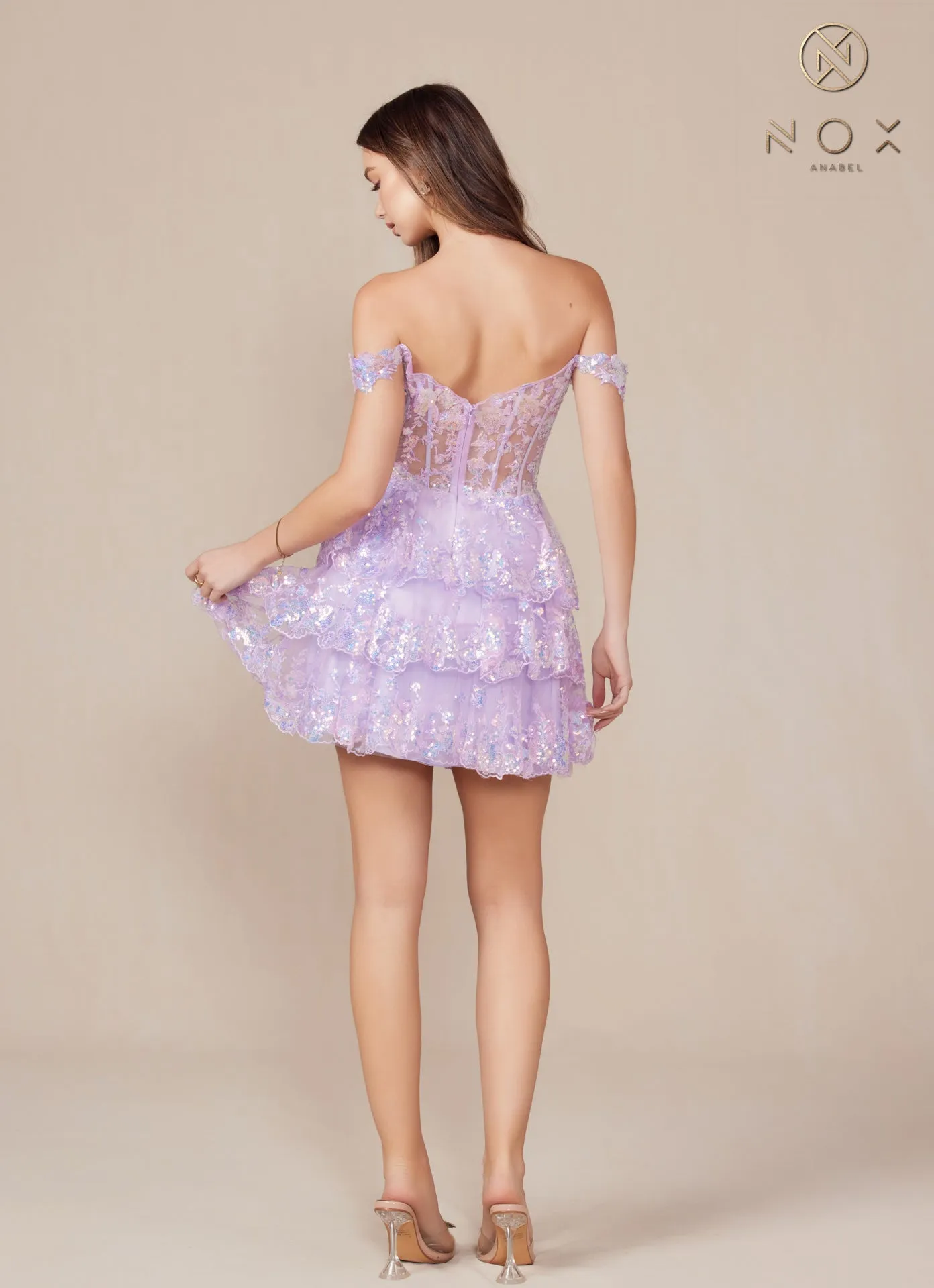 N K856 - Off the Shoulder Sequin Lace Embellished A-Line Homecoming Dress with Sheer Bodice & Layered Ruffle Skirt