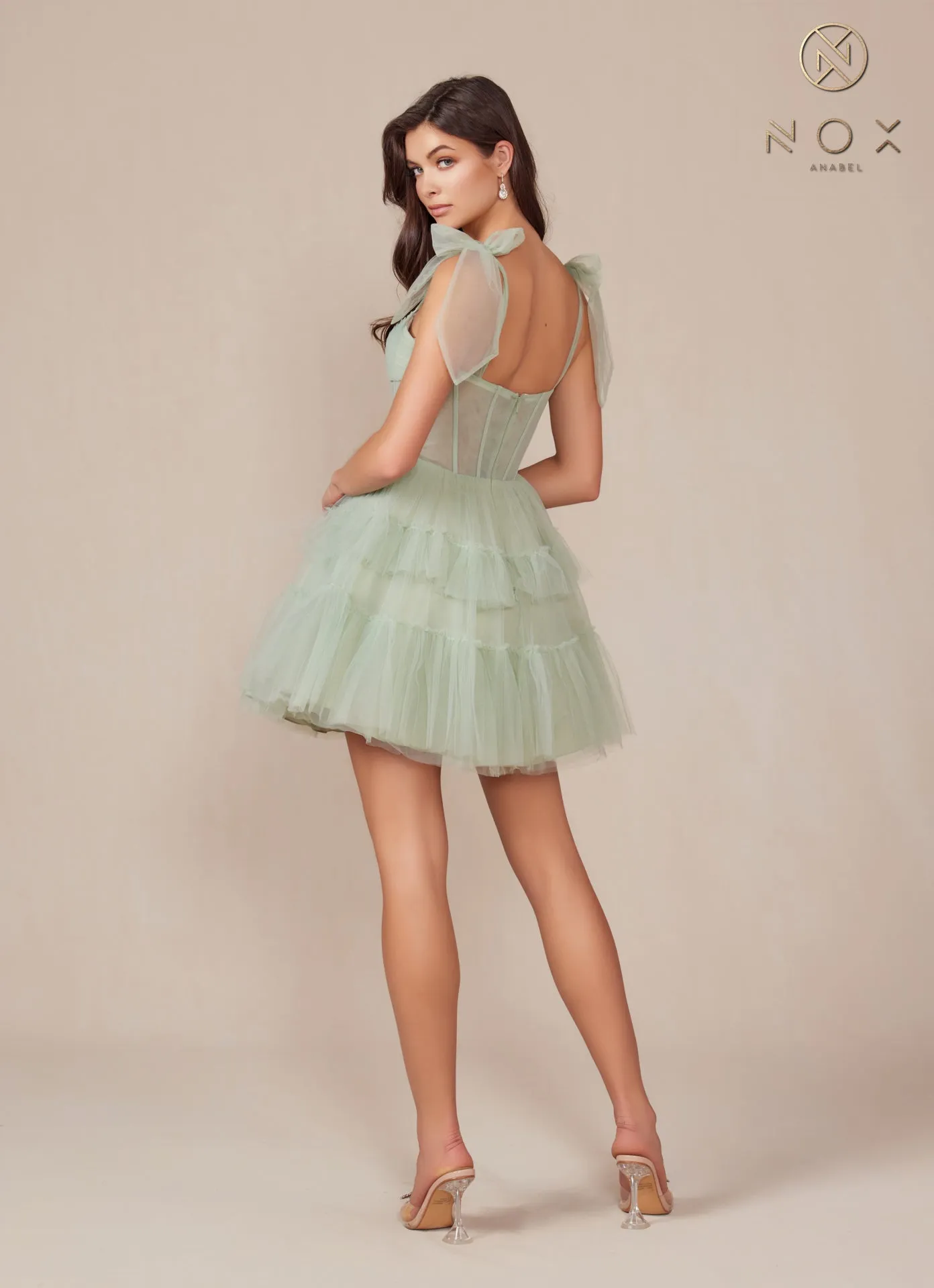 N Y858 - Short A-Line Homecoming Dress with Sheer Boned Bodice & Layered Ruffle Skirt