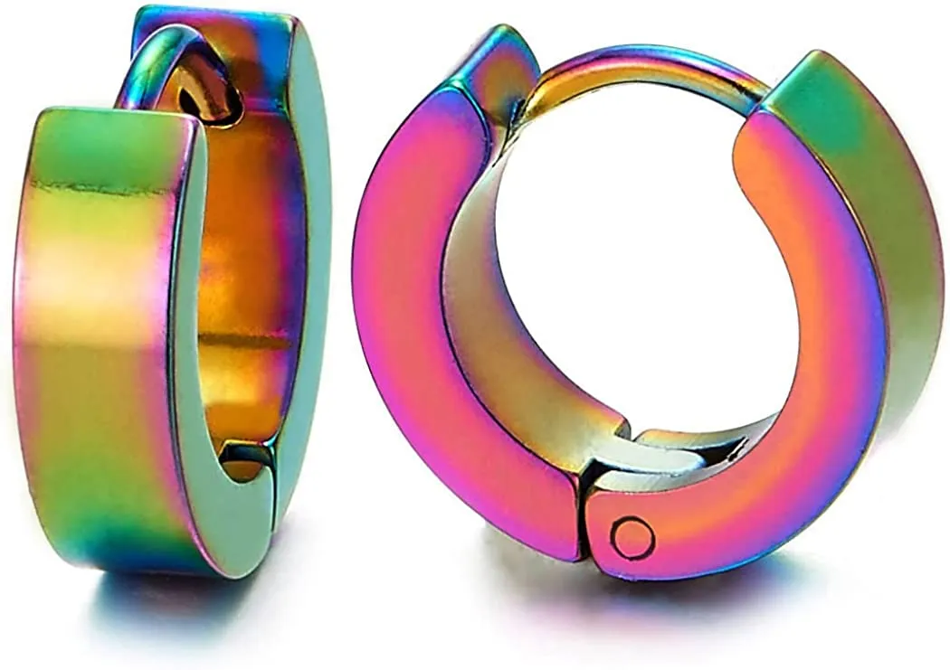 Oxidized Rainbow Huggie Hinged Hoop Earrings, Unisex Men Women, Pair