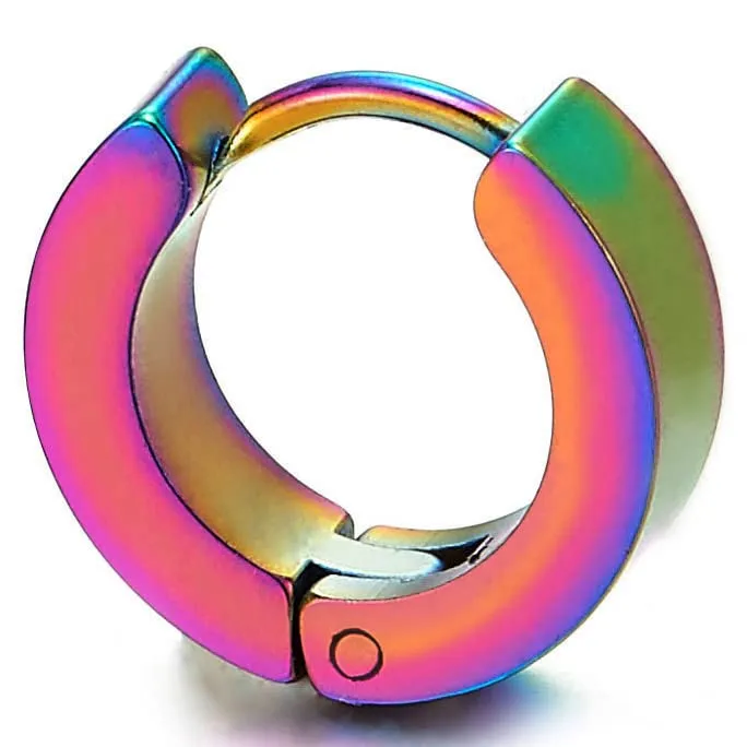 Oxidized Rainbow Huggie Hinged Hoop Earrings, Unisex Men Women, Pair