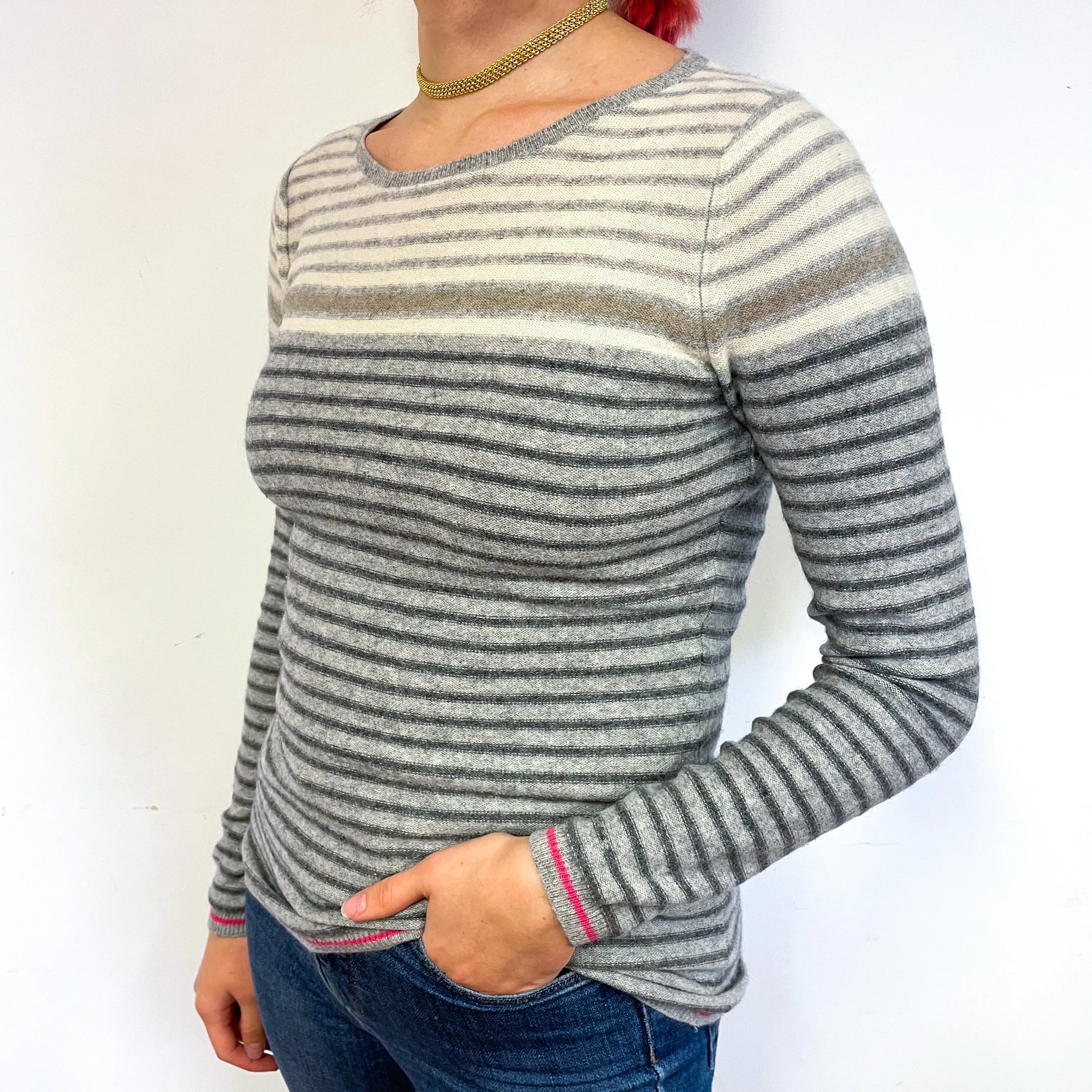 Paul Costelloe Grey Stripe Cashmere Crew Neck Jumper Small