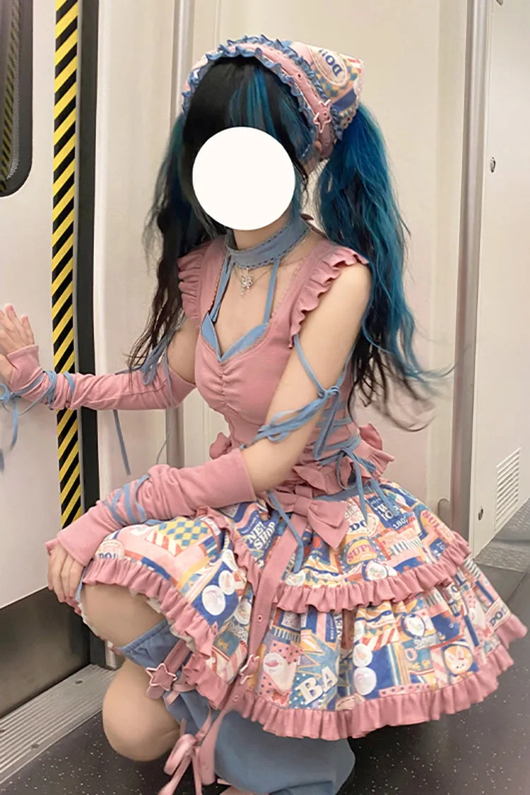 Pink Double-Layered Pop Advertising Paper Print Ruffle Bowknot Sweet Lolita Skirt Set