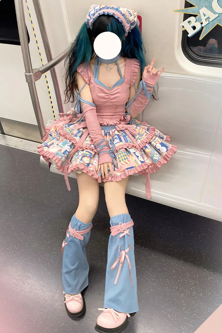 Pink Double-Layered Pop Advertising Paper Print Ruffle Bowknot Sweet Lolita Skirt Set