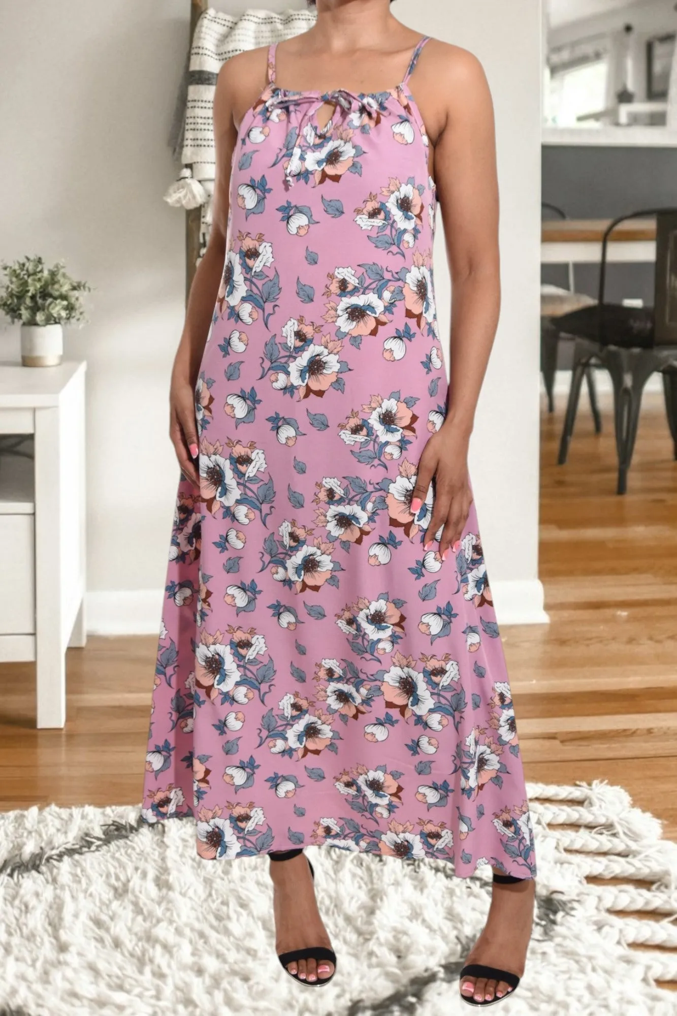 Pink Floral Strappy Maxi Dress