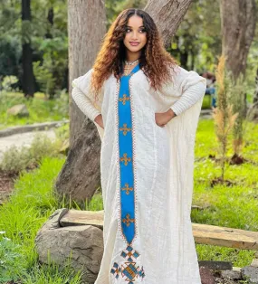 Pretty Habesha Dress with Blue Embroidery: for All Types of Cultural Occasions Ethiopian Dress