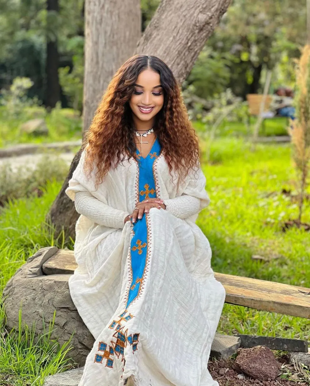 Pretty Habesha Dress with Blue Embroidery: for All Types of Cultural Occasions Ethiopian Dress