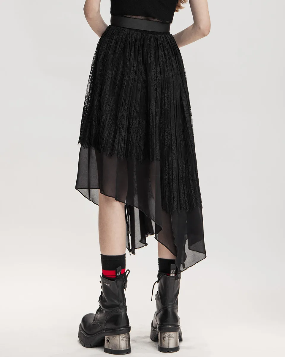 Punk Rave Daily Life Urban Occult Asymmetric Pleated Lace Skirt