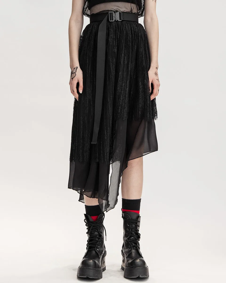 Punk Rave Daily Life Urban Occult Asymmetric Pleated Lace Skirt