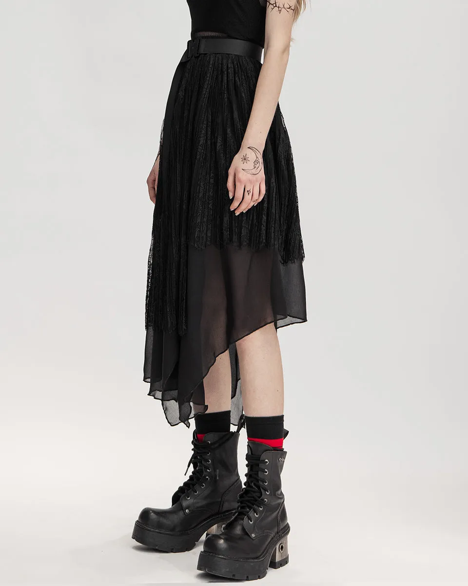 Punk Rave Daily Life Urban Occult Asymmetric Pleated Lace Skirt