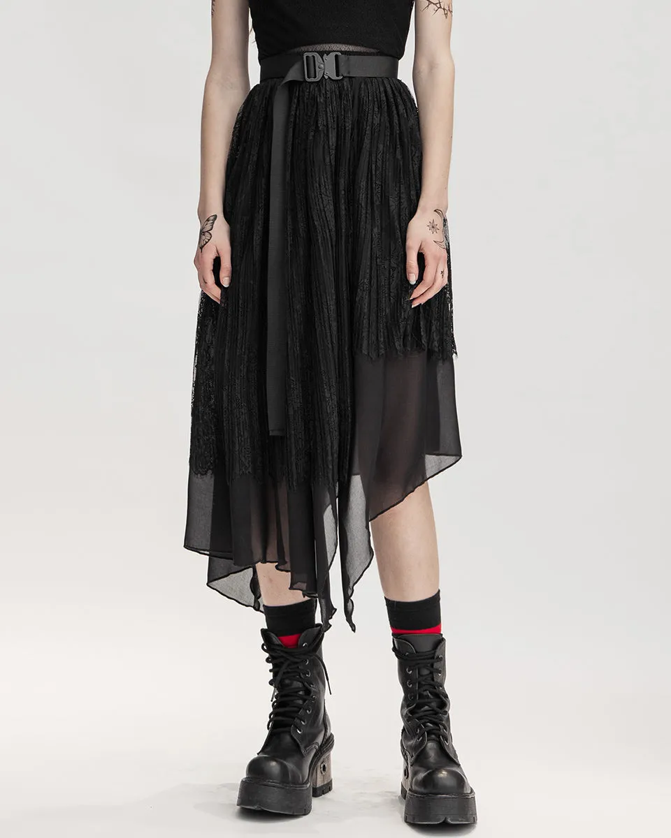 Punk Rave Daily Life Urban Occult Asymmetric Pleated Lace Skirt