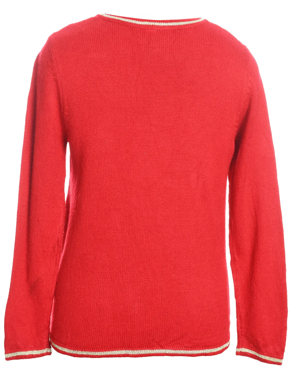 Red Embroidered Christmas Tree Design Jumper - M