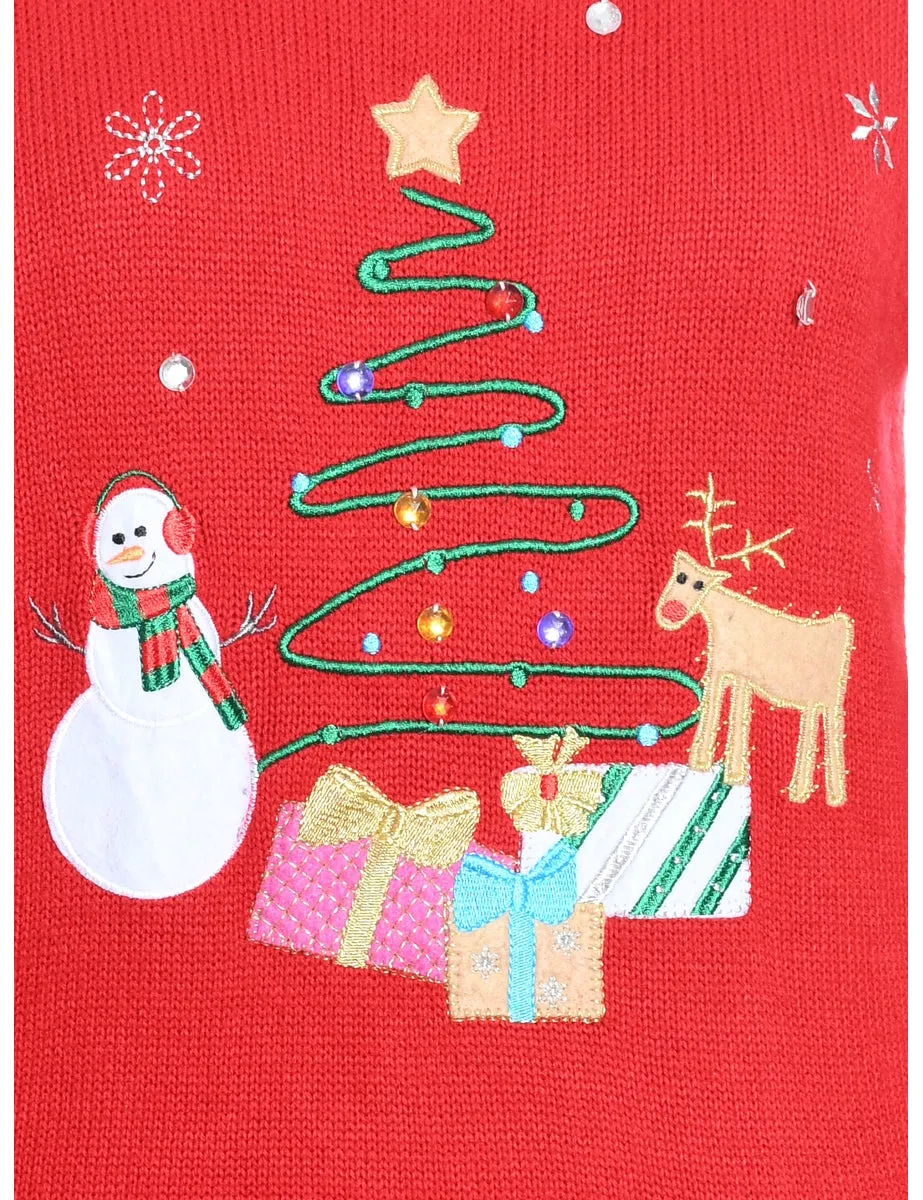 Red Embroidered Christmas Tree Design Jumper - M