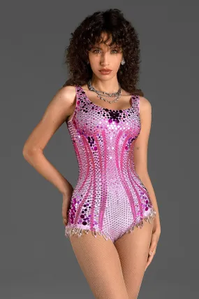 Relleli Diamond Sequin Fringe Bodysuit In Red