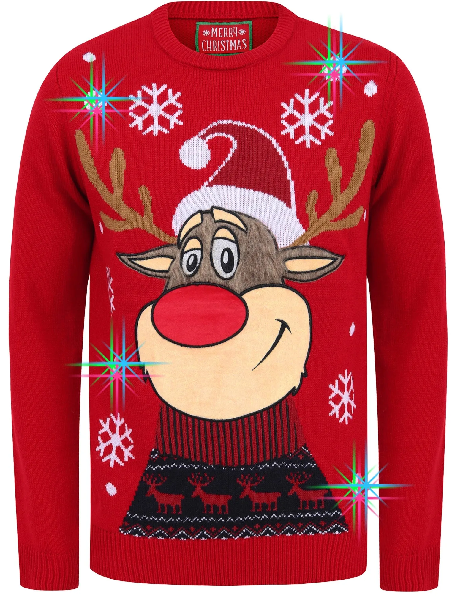 Rudolph the Reindeer Motif LED Light Up Novelty Christmas Jumper in George Red - Merry Christmas