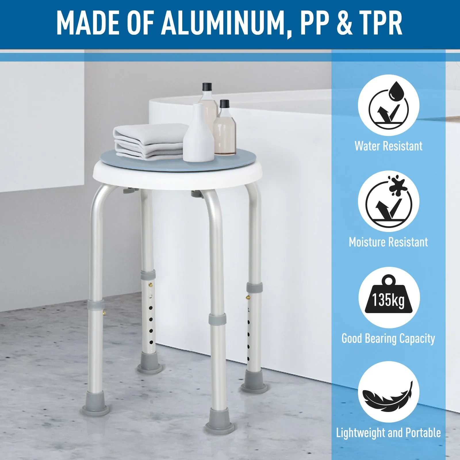 Shower Seat 360° Swivel Adjustable Height w/ Aluminium Frame Non-Slip Feet Chair Safe Support Home Assistance
